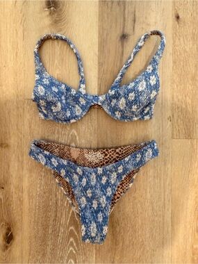 Blue Floral Textured Bikini Set